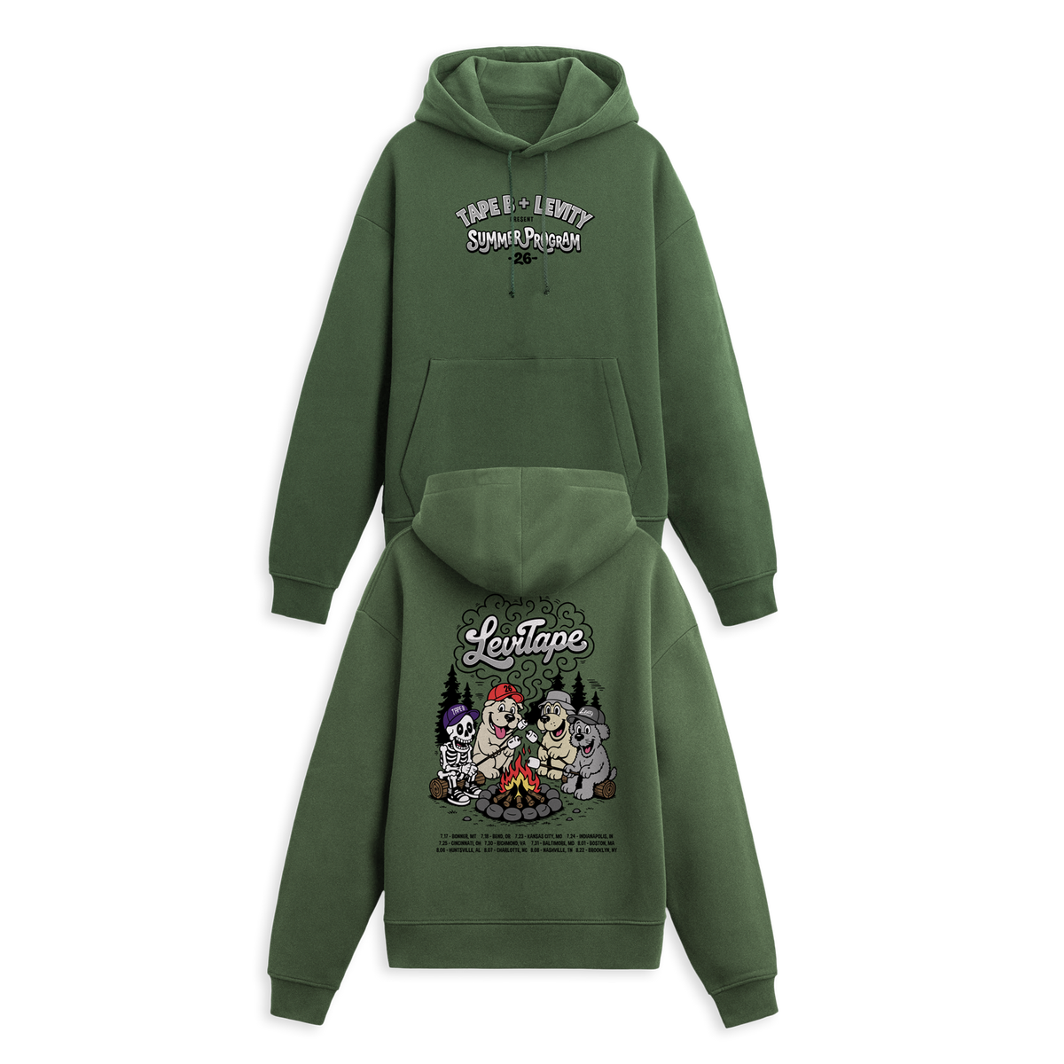 Levity x Tape B Summer Program "Campfire"  Pullover Hoodie in Washed Green